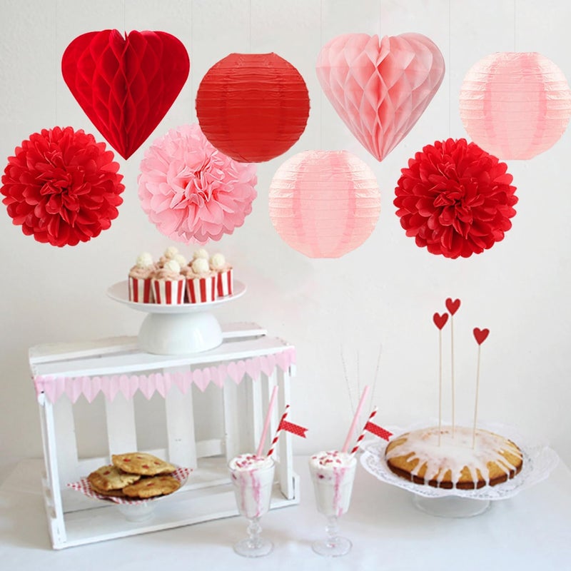 Mprocherify Red Pink Valentines Day Paper Flowers Hearts Honeycomb Lanterns Tissue Pom Poms 15pcs Galentines Party Decorations Anniversary Love Birthday Wedding Baby Shower Hanging Supplies - Image 5